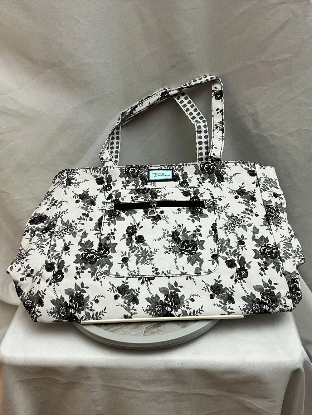 Bella Russo Black White Floral Large Tote Bag Heart Charm Shoulder Bag